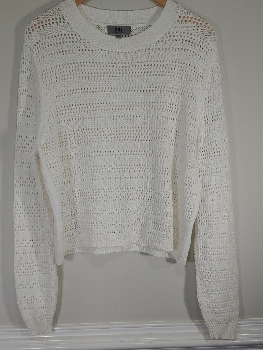 Women's Kut from the Kloth Open Stitch Knit Crewneck Sweater Sz M Off- White